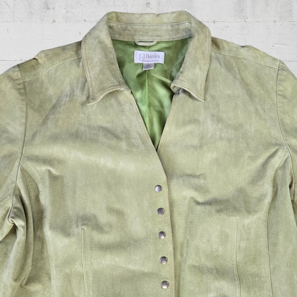 Y2K CJ Banks Spring Light Green Suede Snap Button V Neck Leather Jacket Size 2X - Picture 2 of 8